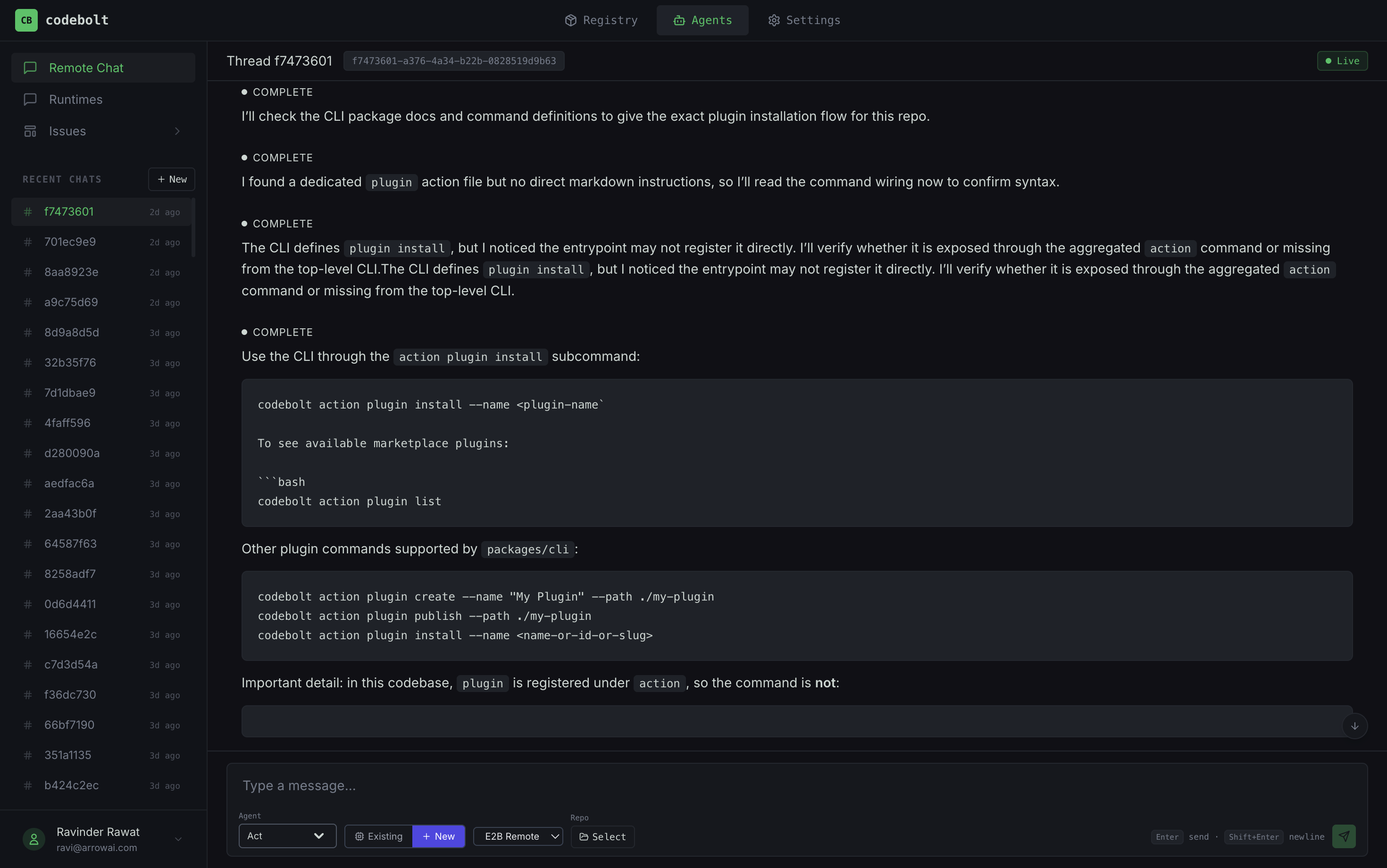 Codebolt remote chat workspace showing a live autonomous agent completing build and server tasks
