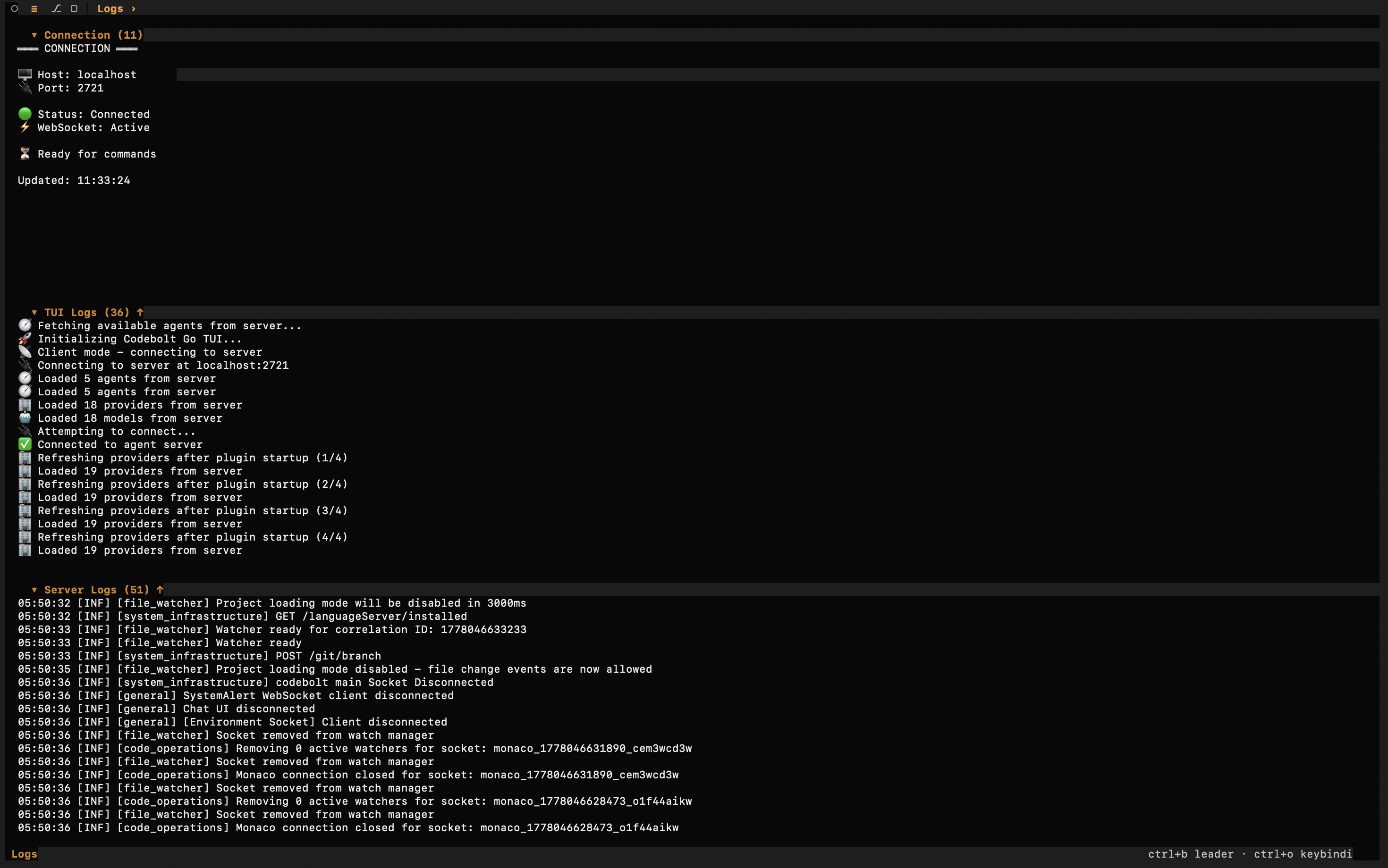 Codebolt CLI logs panel showing runtime, server, and agent events